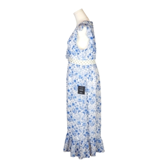 Lulus Make Things Shine White Blue Floral Midi Lightweight Flowy Dress L - Picture 8 of 16